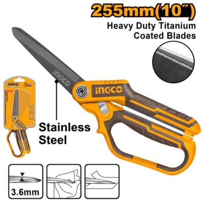 INGCO HSCRS832558 255MM(10") مقص ستانلس مطلي تيتانيوم Heavy Duty Titanium Rubber Grip Long-Blade Scissors