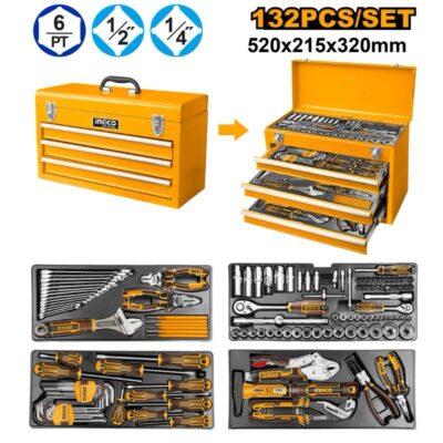 INGCO HTCS221321 132PCS طقم عدة شنطة حديد +ثلاثة جوارير TOOL CHEST SET