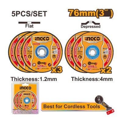 INGCO MCD303768 (CAGLI76) 5PCS 76MM THICK(1.2 &AMP; 4)MM طقم ديسكات Abrasive metal cutting and grinding mini