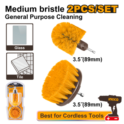 INGCO WCBM2335 2PCS طقم فراشي تنظيف وسط  HEX SHANK MEDIUM BRISTLE BRUSH SET