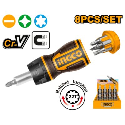 INGCO AKISDS1728  25MM - 1/4" - 8 IN 1 مفك براغي STUBBY RATCHET SCREWDRIVER SET