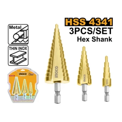INGCO AKSDS80402  3 PCS HEX SHANK طقم ريش بلبل نحاس صناعي Hss Step Drill Set