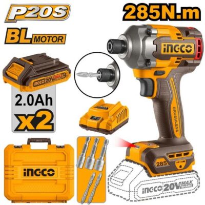 INGCO CIRLI2028   20V 2BATT 2AH+CHAR+BOX BL 285N.M مقدح شد براغي تورك بطارية Cordless impact driver