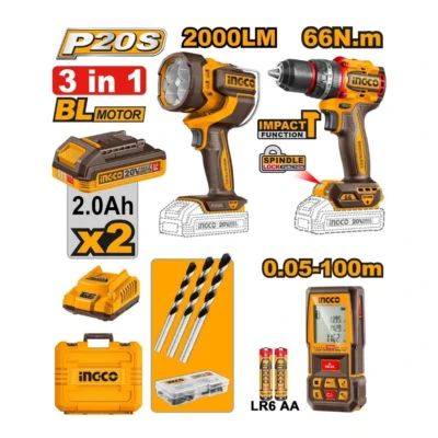 INGCO COSLI250885 مجموعة مقدح بطارية 66N.M + متر ليزر + بروجكتور +20V 2BATT 2AH+BOX  COMBO KIT Cordless Brushless Impact Drill + Work Lamp + Laser Measure