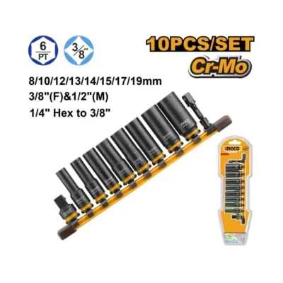 INGCO HKISSD38105L  10PCS 1/4"TO 3/8" 90MM SIZE:(8-10-12-13-14-15-17-19) طقم طربوش بولاد IMPACT SOCKET SET