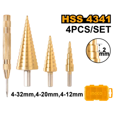 INGCO AKSDS2041  طقم ريش بلبل مع سونبك اوتوماتيك industrial-grade Step Drill Bit Set bundled with an automatic center punch 4Pcs