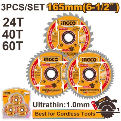 INGCO TSB16503  3PCS165MM 24T/40T/60T طقم ديسكات قص خشب Ultra-thin TCT saw blade set
