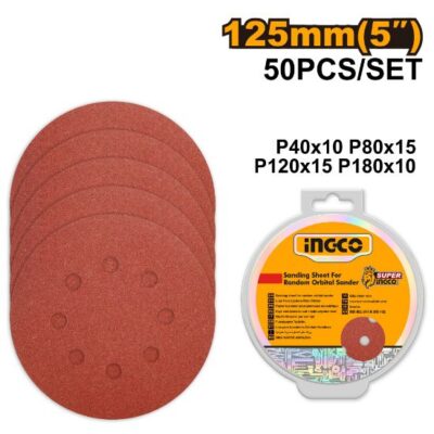INGCO AKRS1250511  50 PCS P(40,80,120,180) 125MM ورق حفة دائري للحفافة Sanding Sheets for Orbital Sander