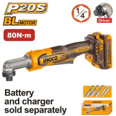 INGCO CAIRLI2081  20V HEX SHANK 1/4" 80N.M مسكة فك براغي طقطاق زاوية بطارية فدار  Cordless angle impact driver (Bare Tool)