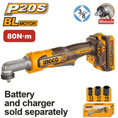 INGCO CAIWLI2081  20V SQUARE DRIVE 3/8" 80N.M مسكة فك عزق طقطاق زاوية بطارية فدار brushless cordless angle impact wrench (Bare Tool)