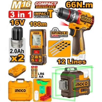 INGCO COSLI250995  16V 2BATT 2AH+CHAR13MM مجموعة ثلاث قطع متر وشقلة ليزر مع مقح رجراج Cordless Combo Kit 16V 3in1 Laser 12 Lines