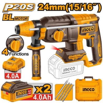 INGCO CRHLI202482  20V 2BATT 4A+CHAR+BOX 24MM BL برم وتكسير بطارية SDS مقدح CORDLESS ROTARY HAMMER SDS 24MM