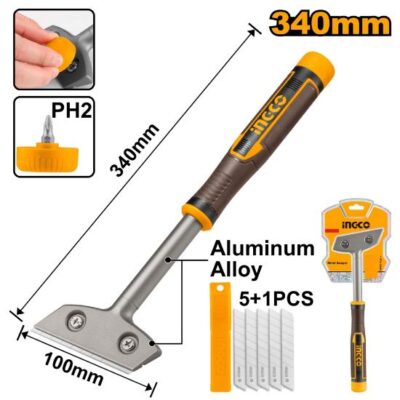 INGCO HGS3088  6PCS BLADE FREE CK75 18X100MM - 340MM شفرة قشط مسكة المنيوم طويلة METAL SCRAPER