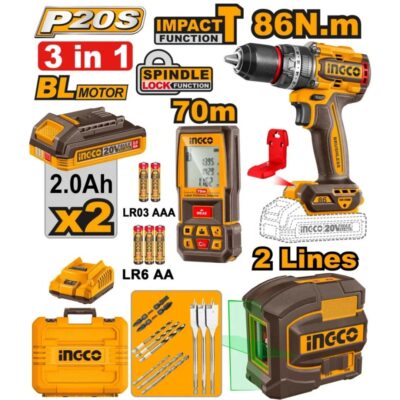 INGCO COSLI251001  20V مجموعة مقدح بطارية رجراج 86 نيوتن + متر ليزر وليزر شقلة اخطر خطين  COMBO 3PCS IMPACT DRILL SELF-LEVELING LINE LASER  LASER DISTANCE DETECTOR