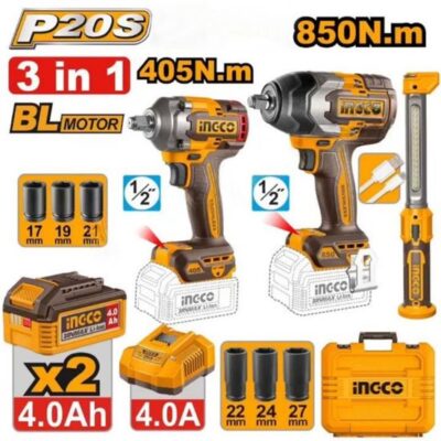 INGCO COSLI251085  20V 3PCS 2BATT+CHAR+BOX مجموعة   فردد شد عزق 850 & 405 نيوتن850NM+405NM IMPACT WRENCH + WORKLIGHT COMBO