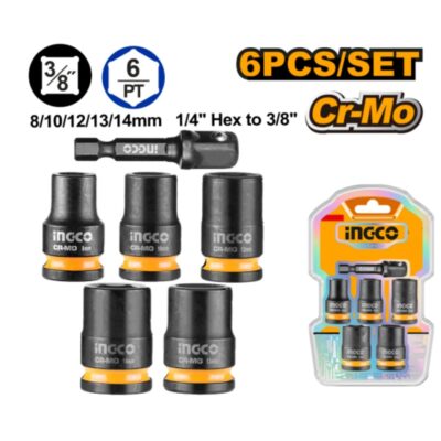 INGCO HKISSD38061  6 PCS 3/8" طقم طربوش بولاد مع وصلة مقدح  ″IMPACT SOCKET SET