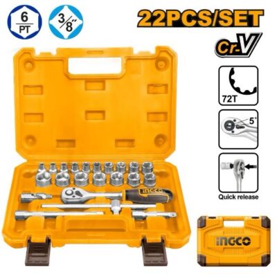 INGCO HKTS38221  22PCS 3/8" طقم طربوش مع طقطاق PCS 22 3/8″ SOCKET SET