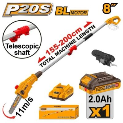 INGCO PSLI20281  20V 8" 2M MAX BL منشار تشحيل تلسكوبي بطارية POLE SAW MAX LTH 2M, 8"CHAIN SAW
