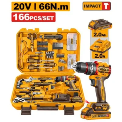 INGCO HKTHP41662  20V 1 Batt+Char 66 N.m طقم عدة + مقدح بطارية Cordless Impact Drill 166 Pieces Set
