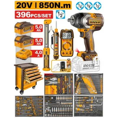 INGCO HTCS283962  850N.m خزانة عدة ميكانيك بدواليب 7 جوارير مع فرد شد عزق بطارية  Tools Chest Set 396 Pcs With Cordless Impact Wrench