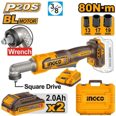 INGCO CAIWLI208 20V 2Batt 2Ah+Char+Box 80N.m 3/8" مسكة طقطاق زاوية بطارية INGCO Cordless angle impact wrench