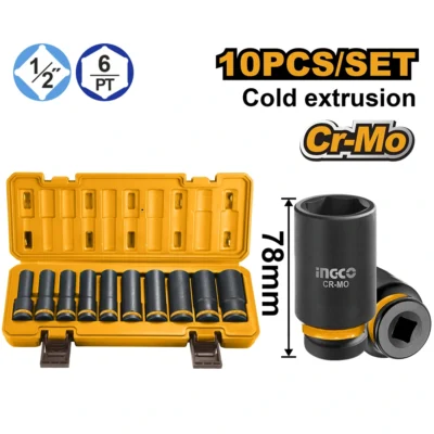 INGCO HKISSD12102L  10PCS 1/2" طقم طربوش بولاد هوا اسود طويل 1/2" DEEP IMPACT SOCKET SET