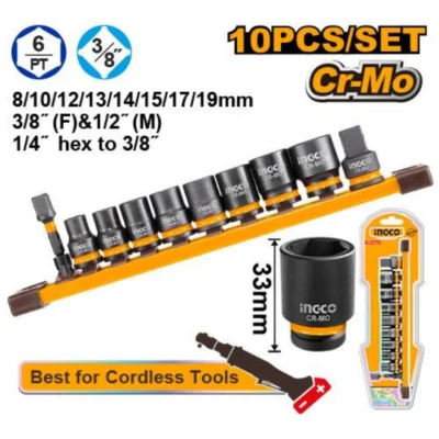 INGCO HKISSD38104 10Pcs 3/8" طقم طربوش بولاد Impact Socket Set