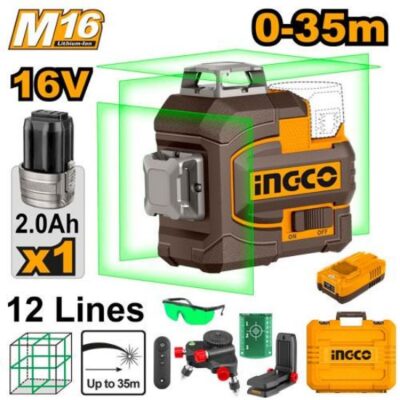 INGCO HLL301201  16V 1 BATT +CHAR + BOX 12 LINES ليزر شقلة أخضر  CORDLESS 3D-LASER LEVEL
