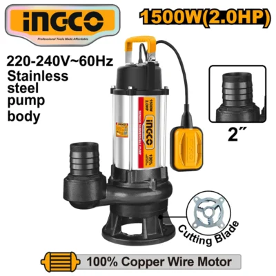 INGCO SPDB150068 1500W (2.0HP) 2" مضخة غاطسة للمياه العكرة مع فرّامة Seawage Submersible Water Pump Dirty Water Built-in cutting blade