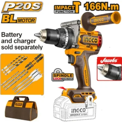 INGCO CIDLI2016681 20V 13MM 166N.M BL مقدح بطارية صناعي رجراج فدار  Heavy-Duty 20V Brushless Cordless Impact Drill (Bare Tool)