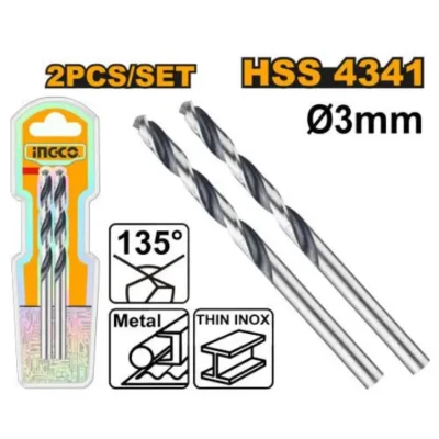 INGCO DBT1200034 2Pcs 3mm INOX ريشة ستانلس صناعية HSS drill bit