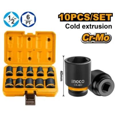 INGCO HKISSD12101 10Pcs 1/2" طقم طربوش بولاد هواء اسود DR. Impact Socket Set Industrial