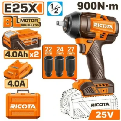 RICOTA RLEWH25900 25V 2Batt 4Ah+Box 900N.m فرد شد عزق بطارية  Brushless Impact Wrench