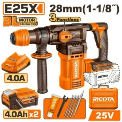 RICOTA RLLRH2528 25V 2Batt 4Ah+Box 28mm BL SDS Plus كومبرسور برم وتكسير بطارية  Heavy-Duty Cordless Brushless Rotary Hammer