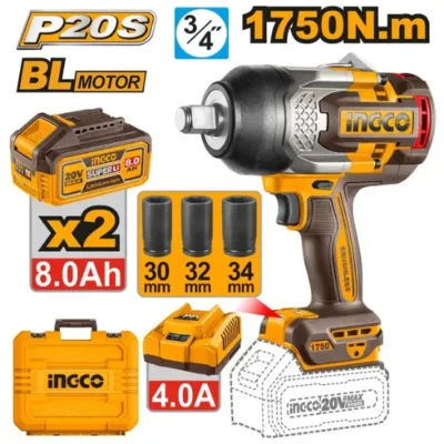 INGCO CIWLI20175 20V 2Batt 8Ah+Char+Box BL 1750N.m 3/4" فرد شد عزق بطارية صناعي Cordless Industrial Impact Wrench
