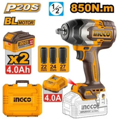 INGCO CIWLI2085 20V 2Batt 4A+Char+Box BL 850N 1/2" فرد شد عزق بطارية  Brushless Cordless Impact Wrench