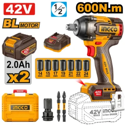 INGCO CIWLI42602 42V 2Batt 2Ah+Char+Box BL 600N 1/2" فرد شد عزق بطارية  Cordless Impact Wrench