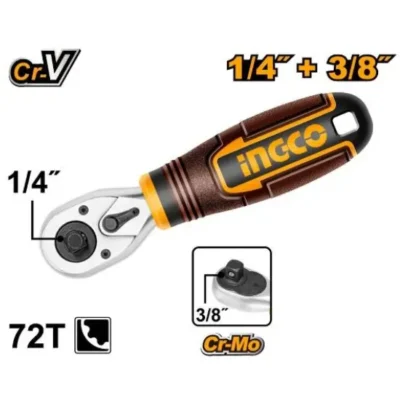 INGCO HRTH081438 1/4" & 3/8" طقطاق قصير  Industrial CrV 1/4" 3/8" Stubby Ratchet Handle