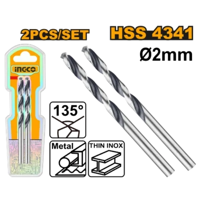 INGCO DBT1200024 2Pcs 2mm INOX ريشة ستانلس صناعية HSS 4341 Drill Bit
