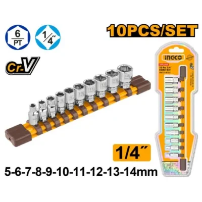 INGCO HKTS14103 10 Pcs 1/4" طقم طربوش فدار كروم Socket Set