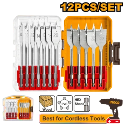 INGCO AKDL1206 12Pcs طقم ريش خشب بطح صناعي Flat Wood Drill Bits Set Hex Shank