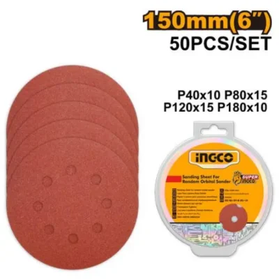 INGCO AKRS1500511 50 Pcs P(40,80,120,180) 150mm ورق حف دائري للحفافة Sanding sheet for random orbital sander