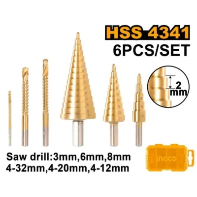 INGCO AKSDS2061 6Pcs HHS طقم ريش بلبل نحاس صناعي  Step drill bit + Saw drill