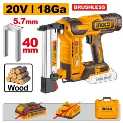 INGCO CCSNLI60086 20V Box+ K10~K40 BL U فرد كباس للخشب على البطارية فدار Cordless crown stapler nailer (Bare Tool )