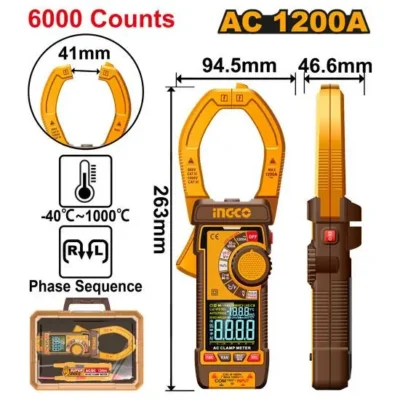 INGCO DCM610001 AC 1200A 6000 Counts كلامبميتر ديجيتال راس عريض  Digital AC clamp meter