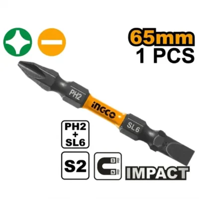 INGCO SDBIM21HL133 PH2 + SL (6.0 x 1.0) 65 mm راس مفك ميلتين  Impact screwdriver bits 1 Pcs