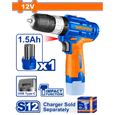 WADFOW WCDS540 12V 1 Batt مقدح بطارية ليثيوم رجراج سرعتين Cordless Impact Drill