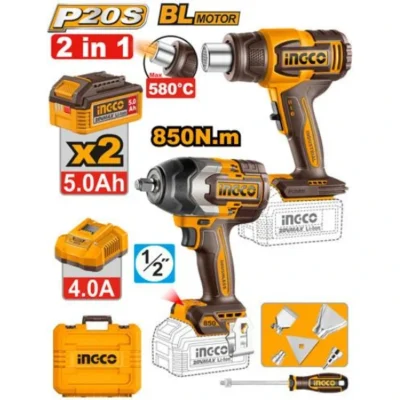 INGCO COSLI260381 20V 2Batt+Char+Box 850N سشوار حراري+فرد شد عزق IMACT WRENCH 850N + 580°C HEAT GUN COMBO