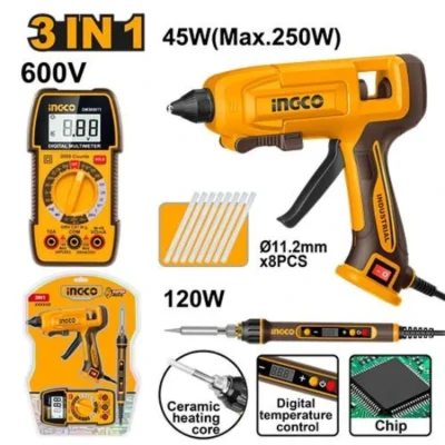 INGCO CTCK250716 3Pcs طقم فرد شمع+كاوي قصدير وملتيميتر GLUE GUN, SOLDING IRON & MULTIMETER COMBO