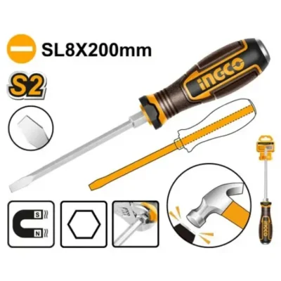 INGCO HGTSL8200 S2(SL8x200)mm - مفك ضرب صناعي شق GO THRU SCREWDRIVER (-)